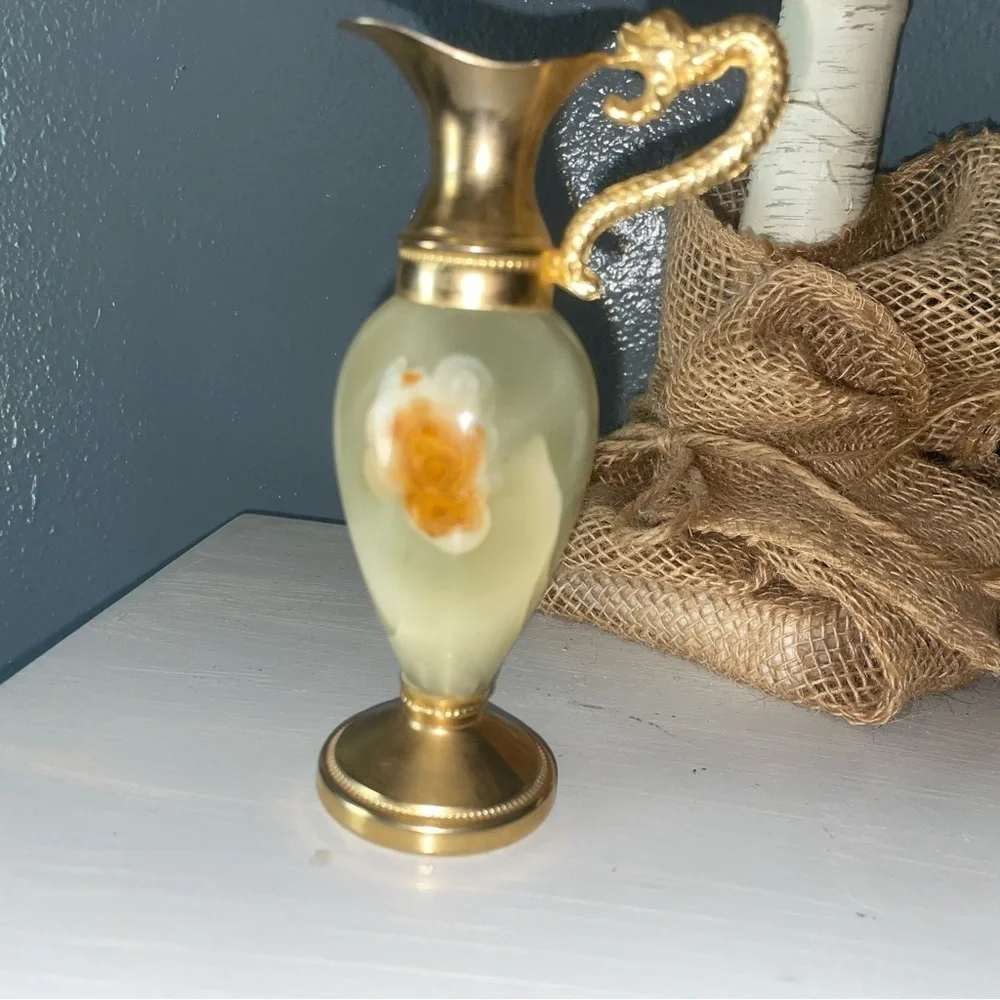 Vintage 1980 Chiseled Brass Onyx Dragon Handle Ewers Cambodia Pitcher Vase Gift - Picture 3 of 10